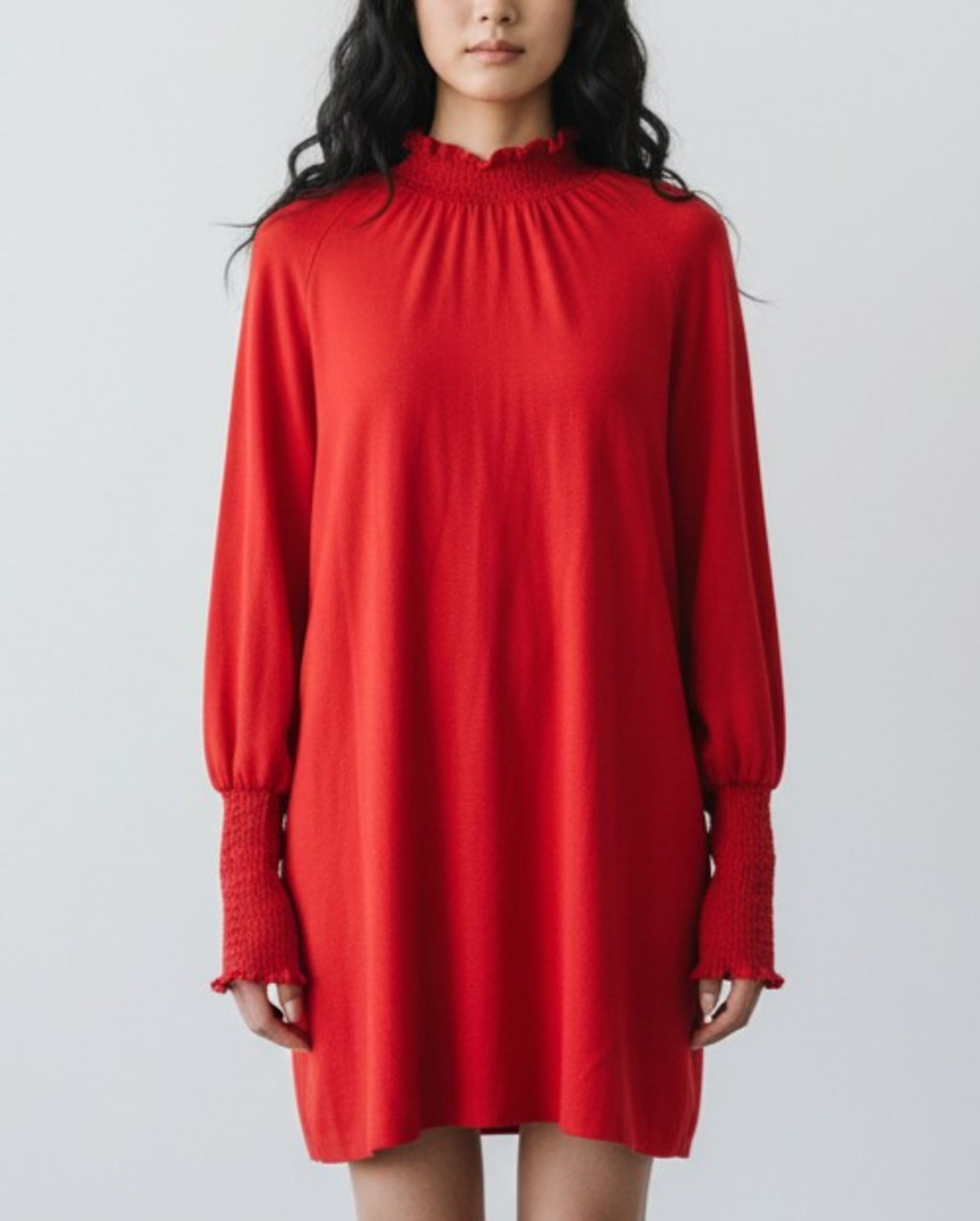 B0 Auth AMANDA UPRICHARD Red Long Smocked Sleeve High Neck Shift Mini Dress Sz M